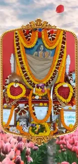 Vibrant floral shrine with tulips and garlands.