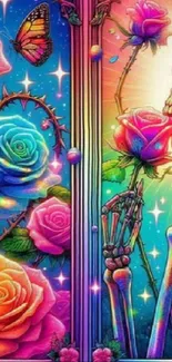 Vibrant floral and skeleton art with colorful roses and a rainbow glow.