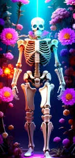 Mobile wallpaper of vibrant floral skeleton with neon accents.