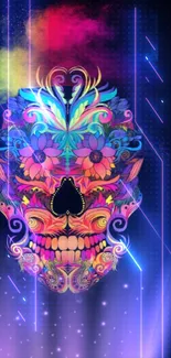 Colorful neon floral skull art wallpaper on dark background.