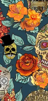 Vibrant skulls and flowers wallpaper design.