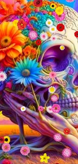 Vibrant floral skull wallpaper with colorful flowers and artistic design.