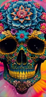 Vibrant floral skull artwork with colorful details.