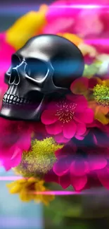 Mobile wallpaper of a black skull amidst vibrant colorful flowers.