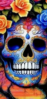 Vibrant floral skull with colorful roses on a phone wallpaper.