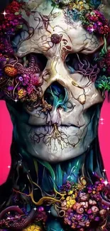 Vivid floral skull art with neon hues and surreal design.