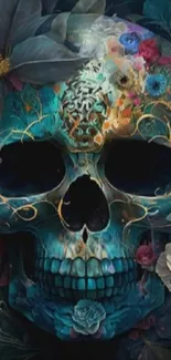 Vibrant floral skull with colorful flowers and intricate designs.