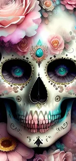 Vibrant skull with floral patterns and colorful details.