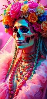 Colorful floral skull art with vibrant roses.