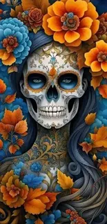 Colorful skull with flowers mobile wallpaper.