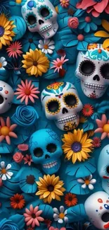 Colorful skulls and flowers artistic wallpaper design.