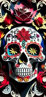 Intricate floral design skull artwork in vibrant colors for mobile wallpaper.