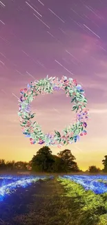 Floral wreath in a vibrant, purple sky with star trails.