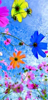 Vibrant floral wallpaper with multicolored flowers against a blue sky.