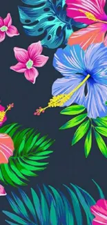 Vibrant floral wallpaper with tropical flowers and leaves on a navy blue background.