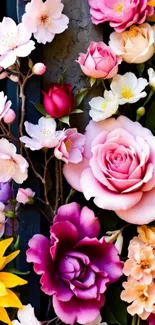 Colorful mobile wallpaper with vibrant flowers, including roses and sunflowers.
