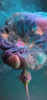 Vibrant floral smoke artwork with teal and purple hues.