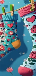Colorful floral socks hanging on a line.