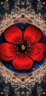 Vibrant red flower with cosmic background.