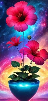 Vibrant pink flowers in a blue pot with a cosmic galaxy backdrop.