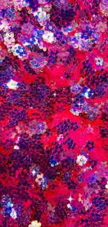 Vibrant pink and purple floral sparkle wallpaper with sequin shimmer.