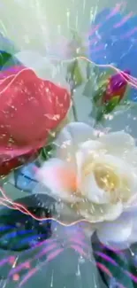 Vibrant floral wallpaper with sparkling effects and colorful flowers.