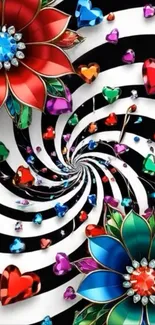 Vibrant floral spiral wallpaper with colorful gems.
