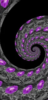 Mobile wallpaper with purple floral spiral design against black background.