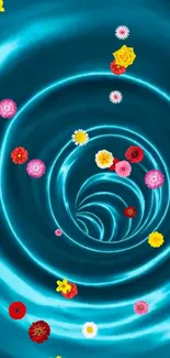 Vibrant floral spiral with colorful flowers on deep blue background.