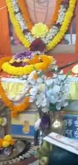 Spiritual altar with vibrant floral decorations and offerings.