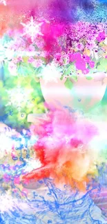 Vibrant mobile phone wallpaper with floral splash and abstract colors.