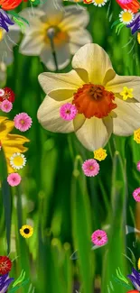 Vibrant daffodils and colorful flowers against a lush green background.