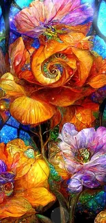 Vibrant floral stained glass art with blue and orange hues.