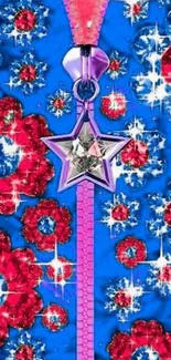 Vibrant floral and star wallpaper with a pink and blue theme.