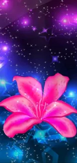 Pink flower on a starry, vibrant night sky wallpaper.