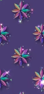 Vibrant floral pattern with stars on purple background wallpaper.