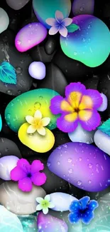 Colorful floral stones on a black background wallpaper.