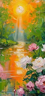 Colorful floral stream painting with sunlit background.