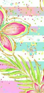 Vibrant floral stripe wallpaper with tropical pink and aqua design.