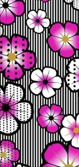 Floral wallpaper with pink and white flowers on stripes.