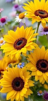 Vibrant sunflower and daisies wallpaper with colorful blooms.