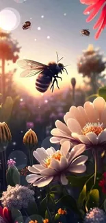 Colorful flowers and bee at sunset scene.