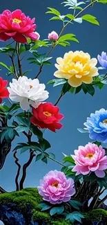 Colorful floral wallpaper with vibrant blossoms and blue sky.