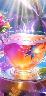 A vibrant floral tea cup with glowing rays creating a magical ambiance.