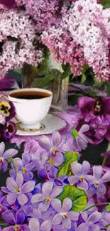 Lavender floral wallpaper with tea cup.