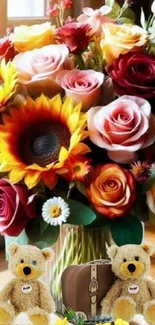 Vibrant bouquet of flowers with teddy bears in front.