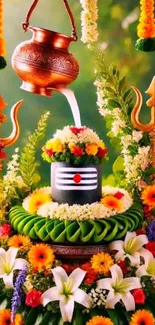 Colorful Hindu temple decor with flowers and tridents.
