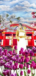 Colorful floral temple scene with tulips and blossoms.