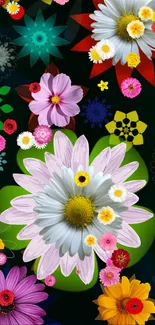 Colorful floral abstract wallpaper with daisies and petals on a dark background.