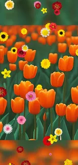 Orange tulips and wildflowers create a vibrant floral wallpaper.